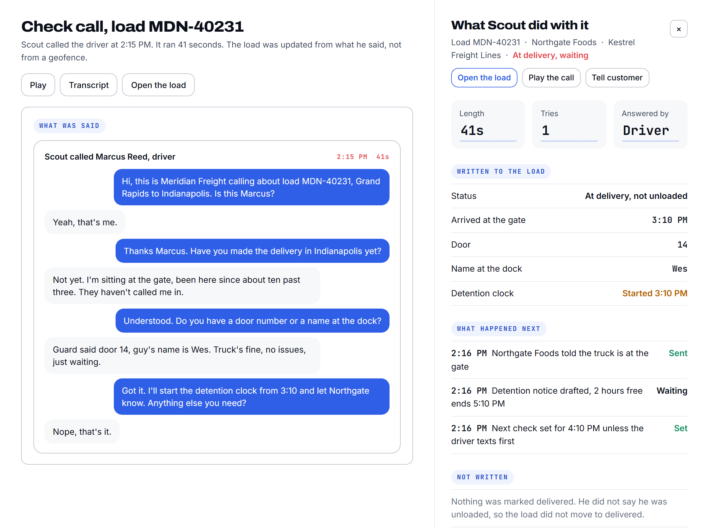 A call transcript beside the fields it wrote to the load