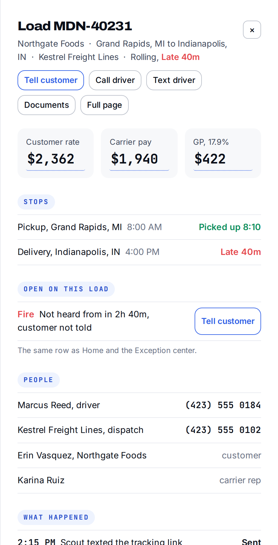 A load panel with its stops, rates, references and what happened on it