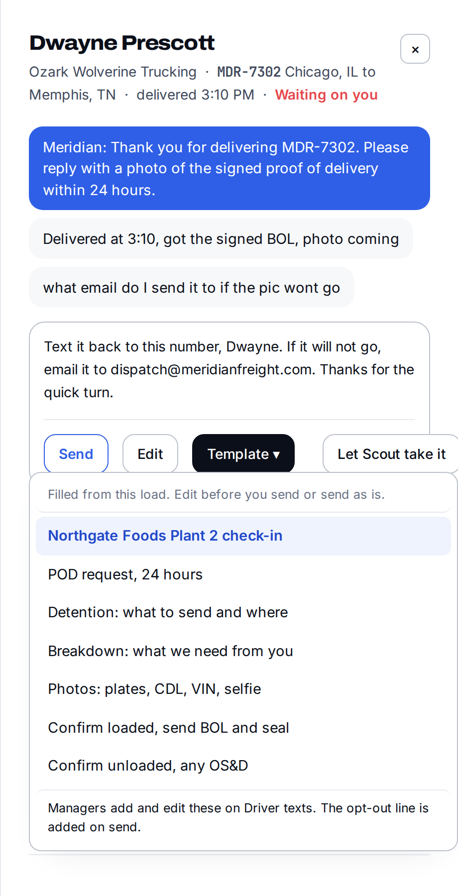 A drafted email to a shipper contact, with the reason for it underneath