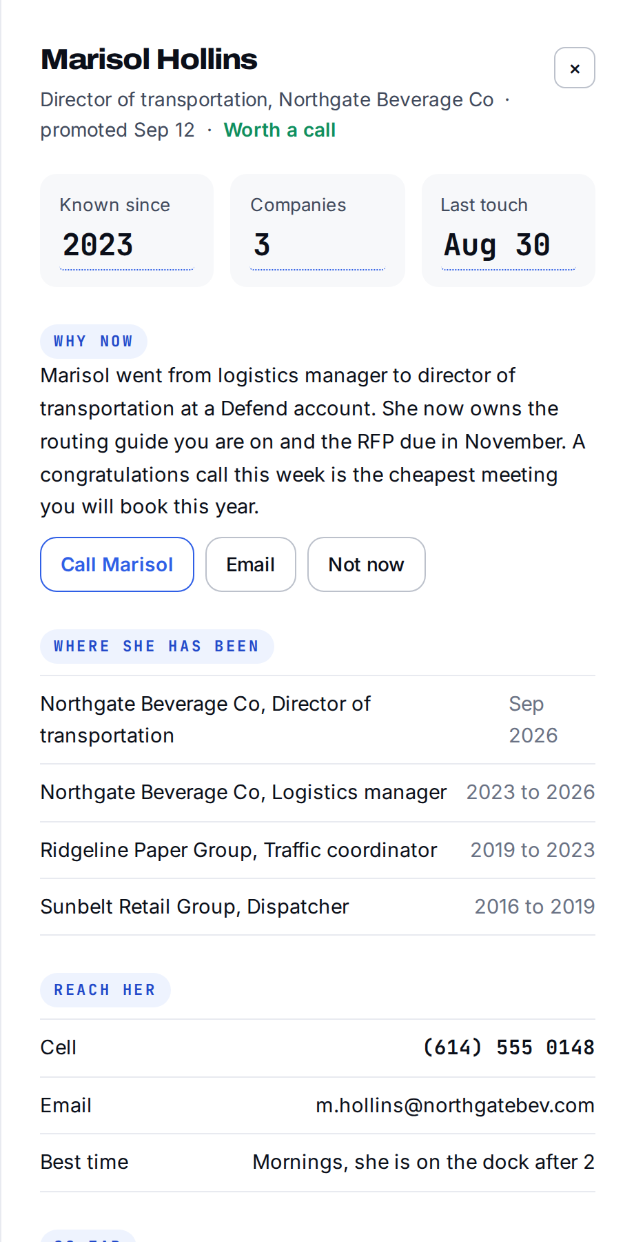 The contacts at a shipper account with titles and phone numbers