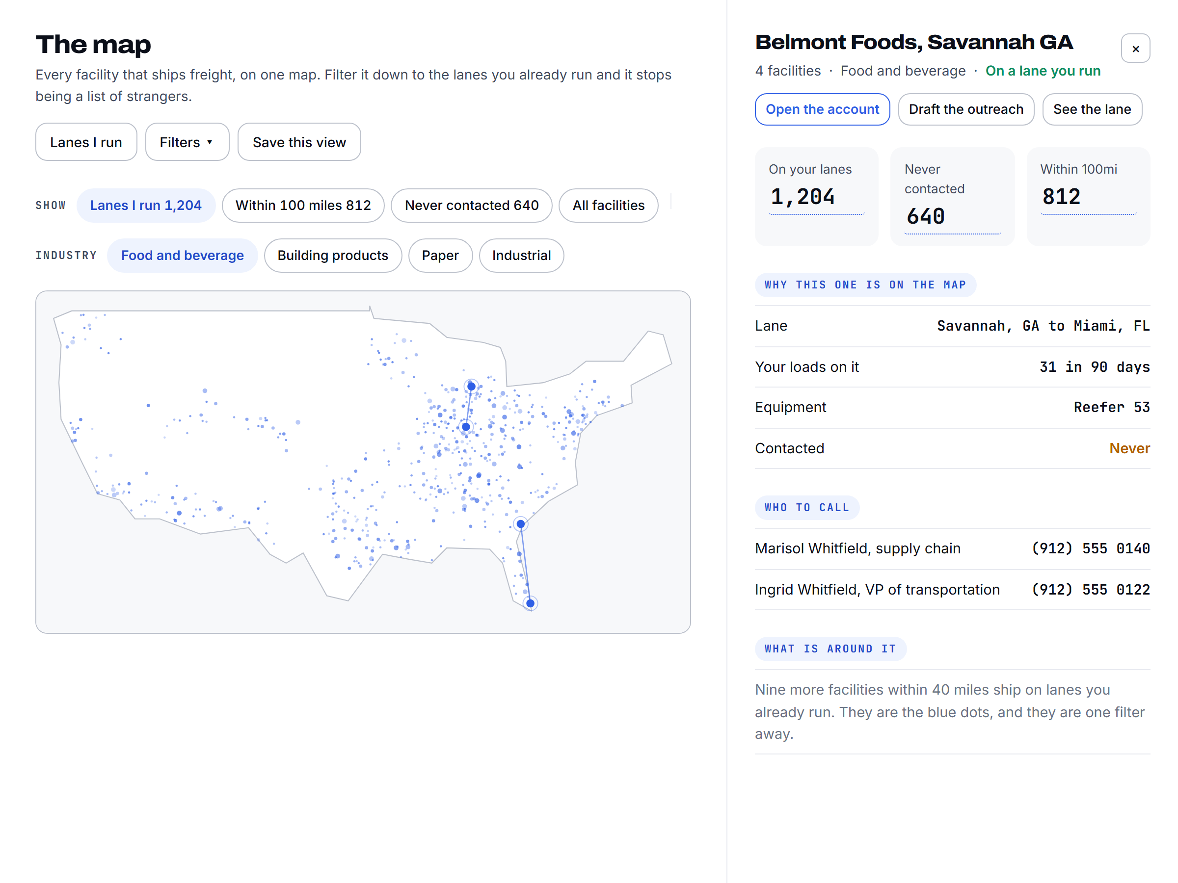 A map of shipping facilities across the country, filtered to the lanes you run