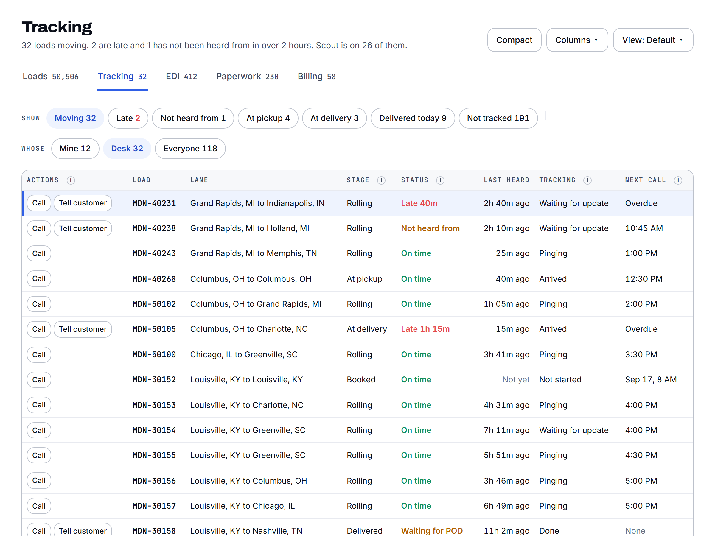 The tracking screen with each load, what was last heard and when the next check is