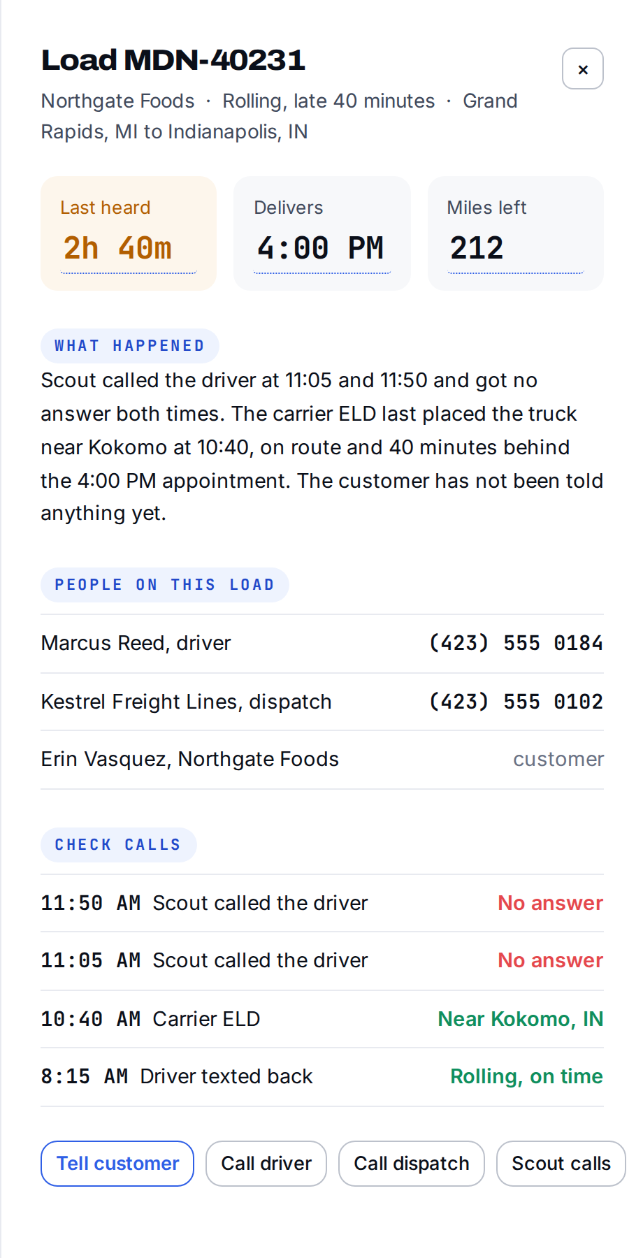 The dispatch step on a load, with what was confirmed and by whom