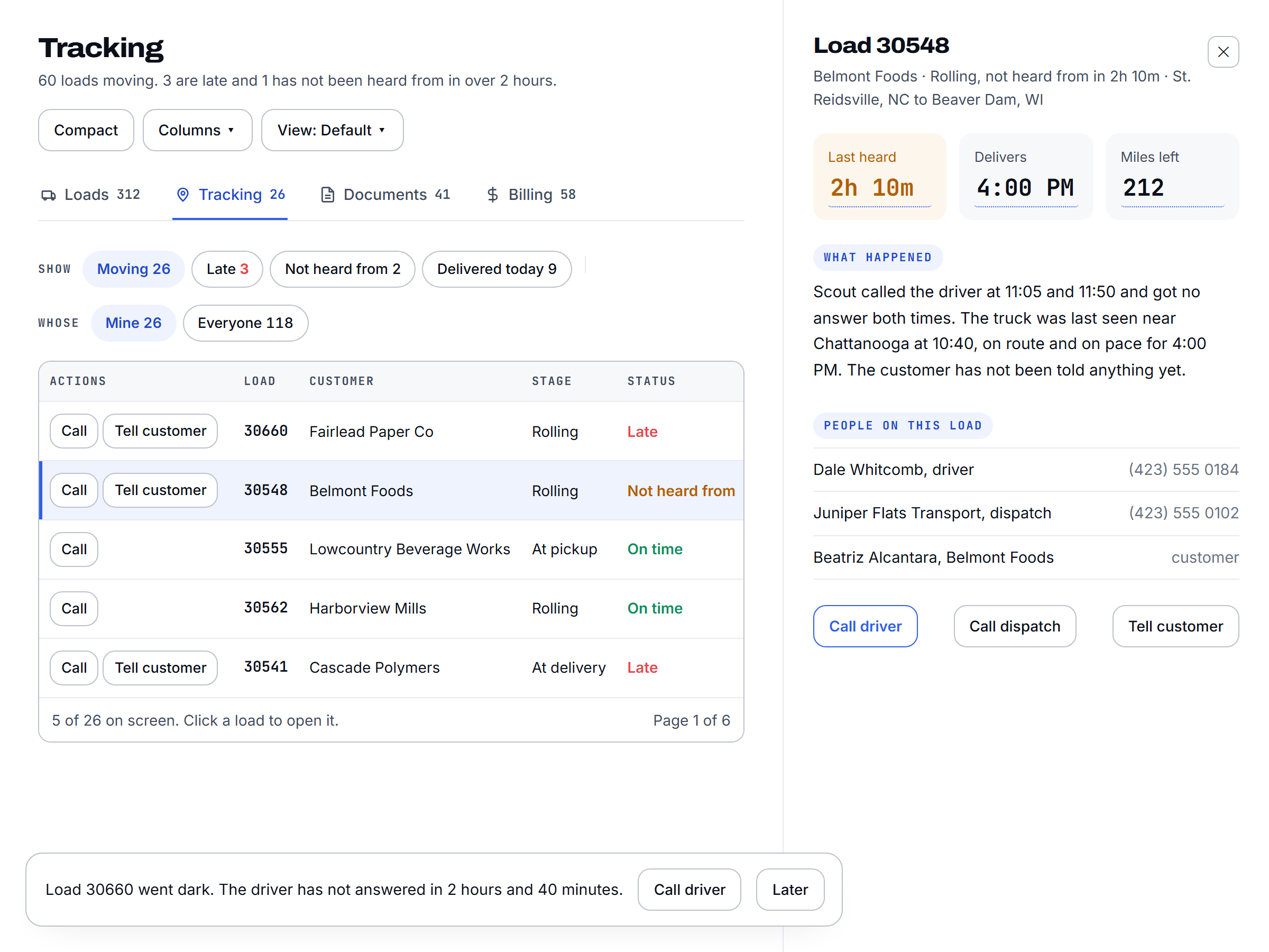 The tracking board with a load open, the screen each agent works from