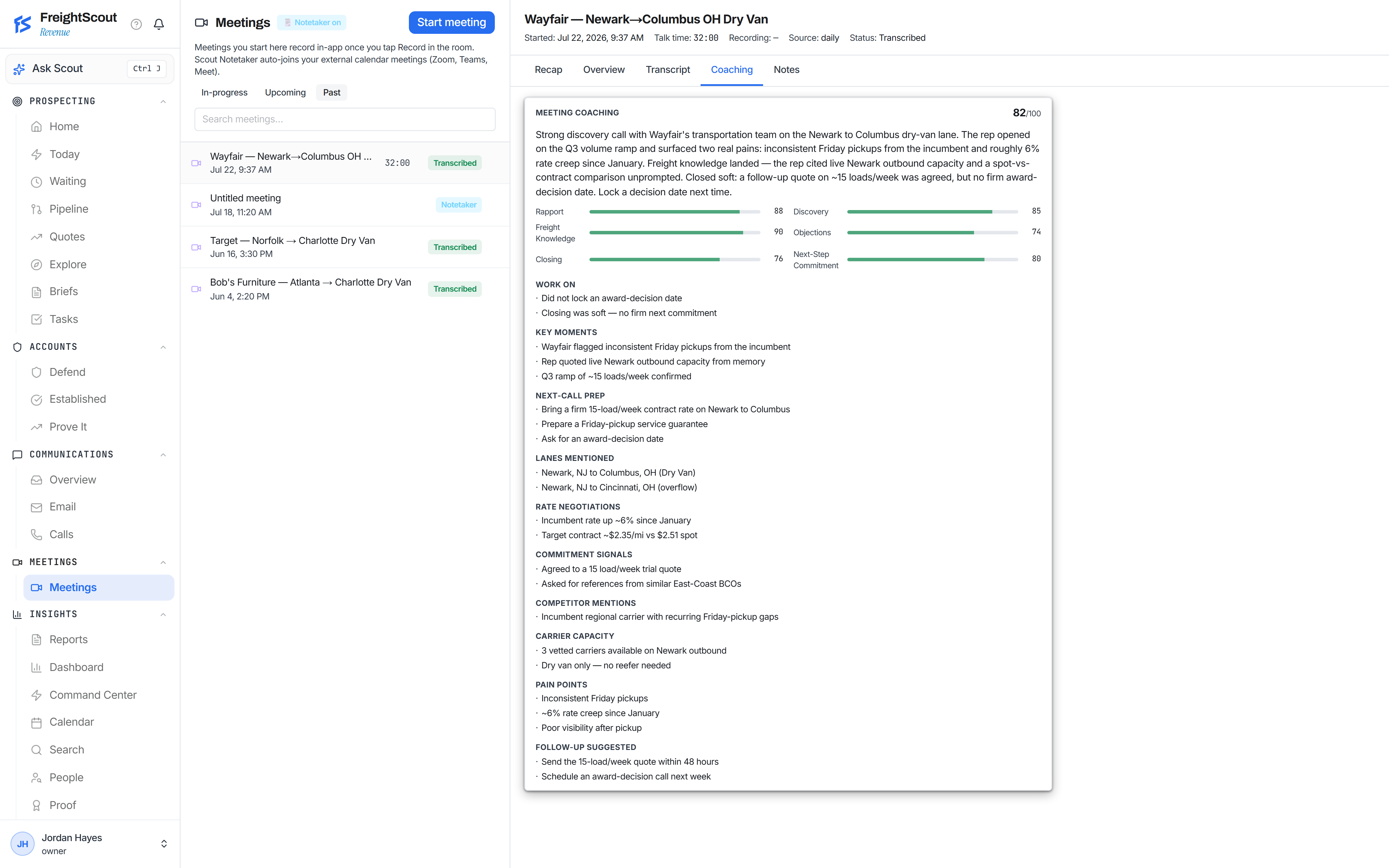 Meeting intelligence — coaching scores and freight-native takeaways from every call
