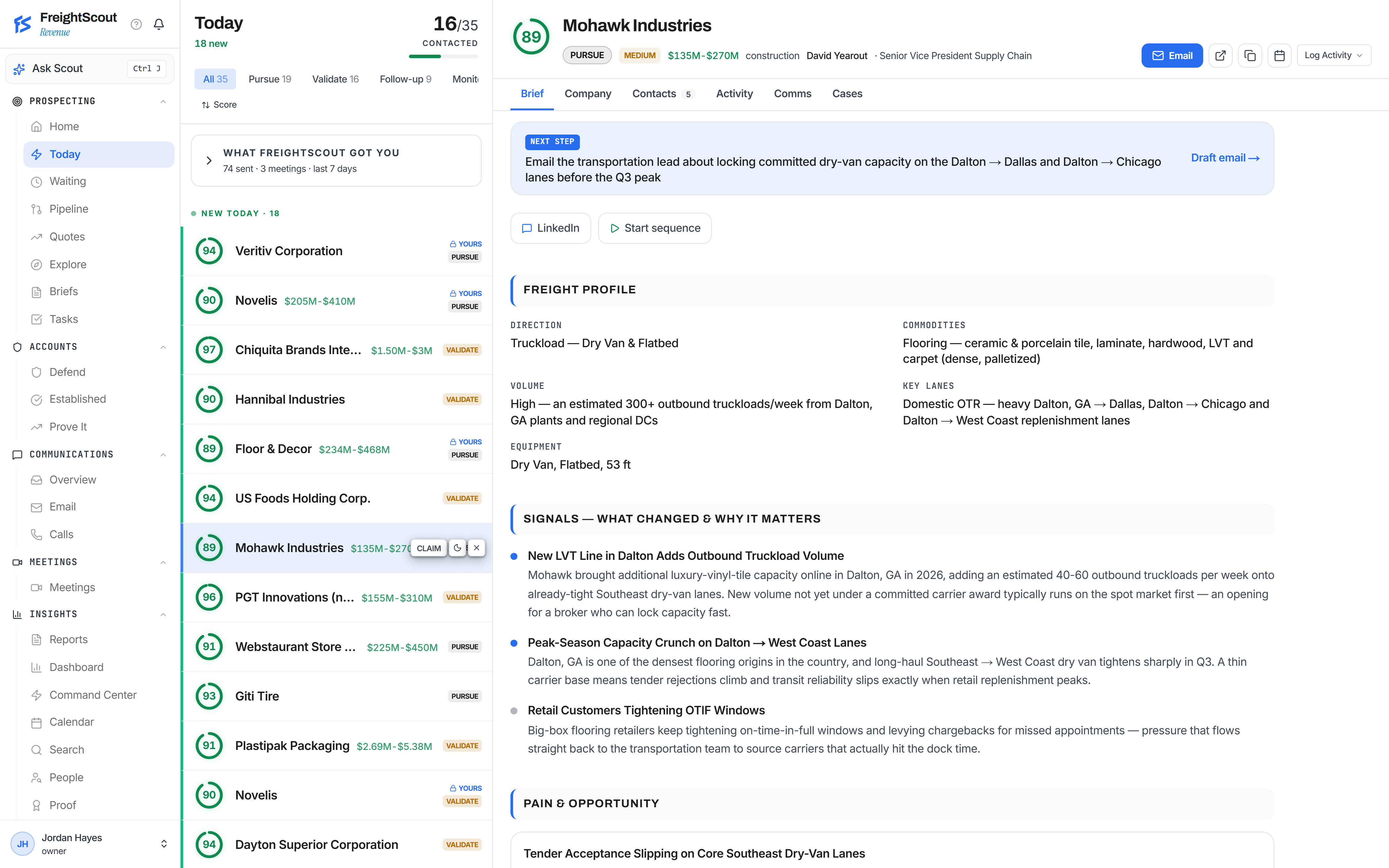 Scout drafts the next move on every account, grounded in your live book